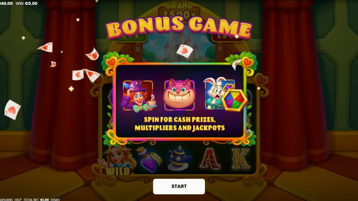 Tampilan antarmuka seluler slot Alice in Cashland dengan latar belakang Wonderland yang memukau