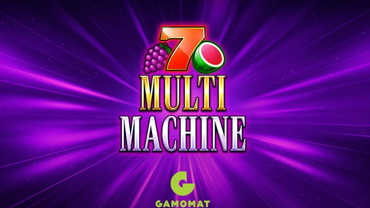 Tampilan visual slot Multi Machine dengan aksen neon violet dan simbol buah klasik.