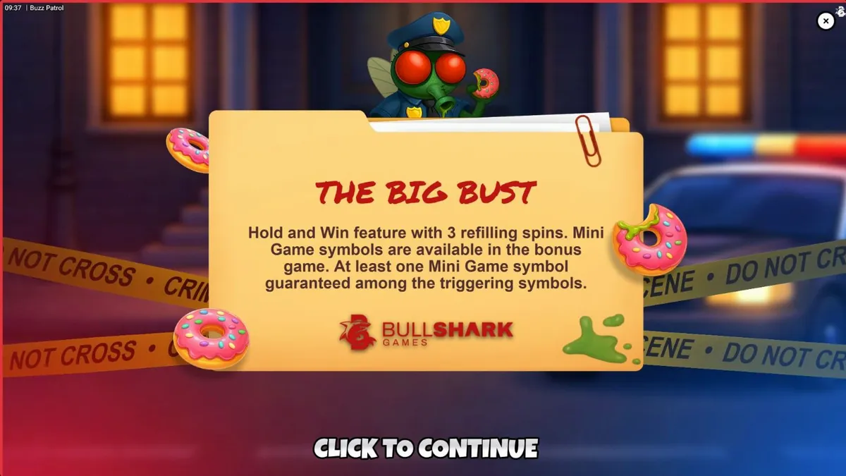 Tampilan visual slot Buzz Patrol yang menampilkan karakter lalat polisi kartun.