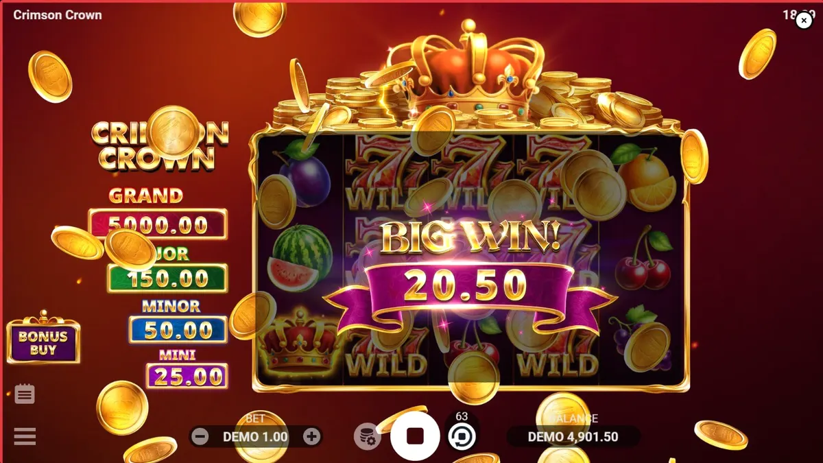 Tampilan antarmuka slot Crimson Crown pada perangkat seluler dengan tema mewah